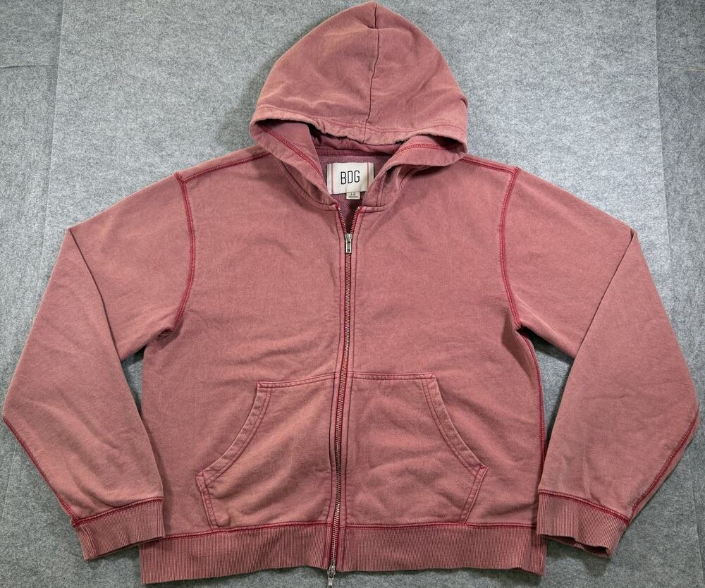 Urban Outfitters BDG Hoodie Mens L Rose Clay Faded Double Zip Exposed Stitch